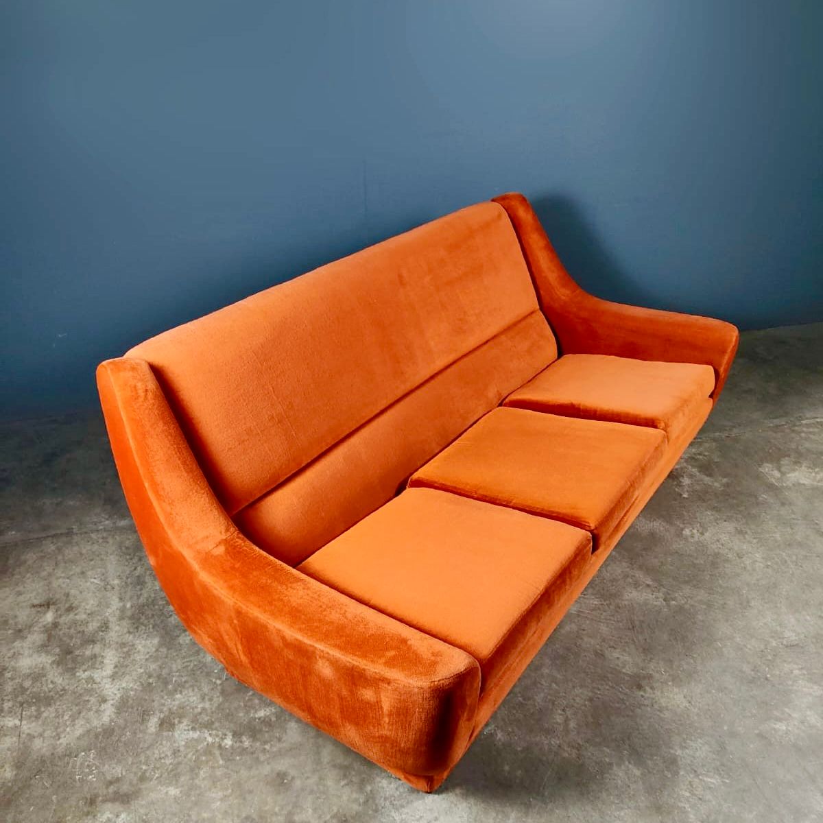 SOLD Mid Century Orange Coral Velvet Three Seater Sofa Vintage Retro MCM