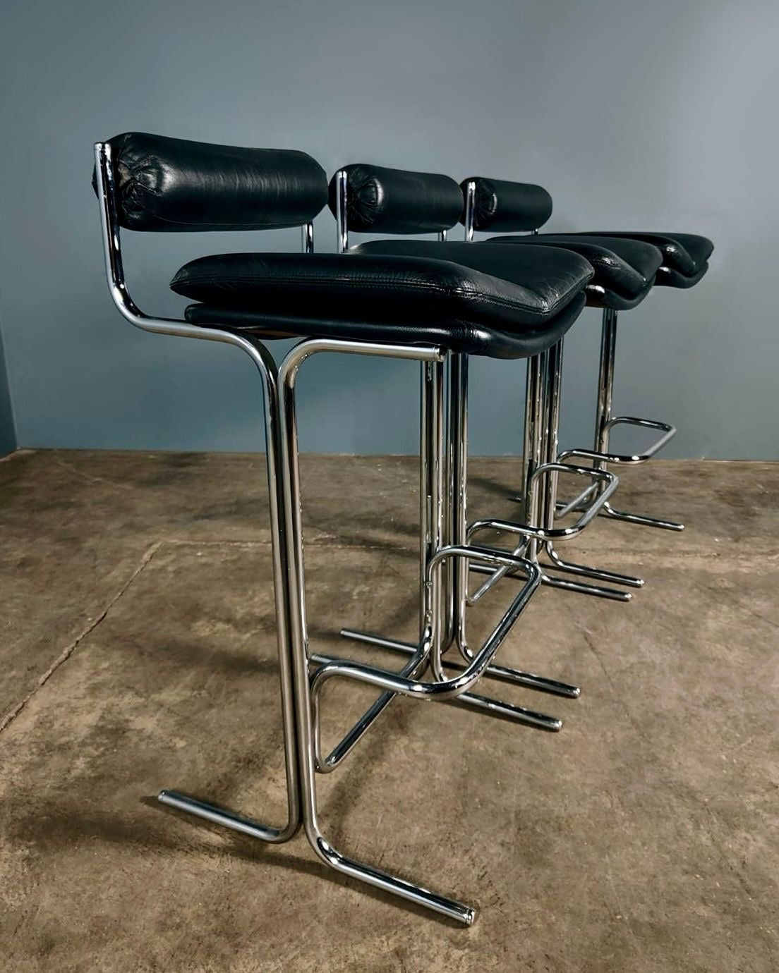 SOLD Mid Century Tim Bates For Pieff Eleganza Bar Stools In Black Leather Vintage Retro MCM