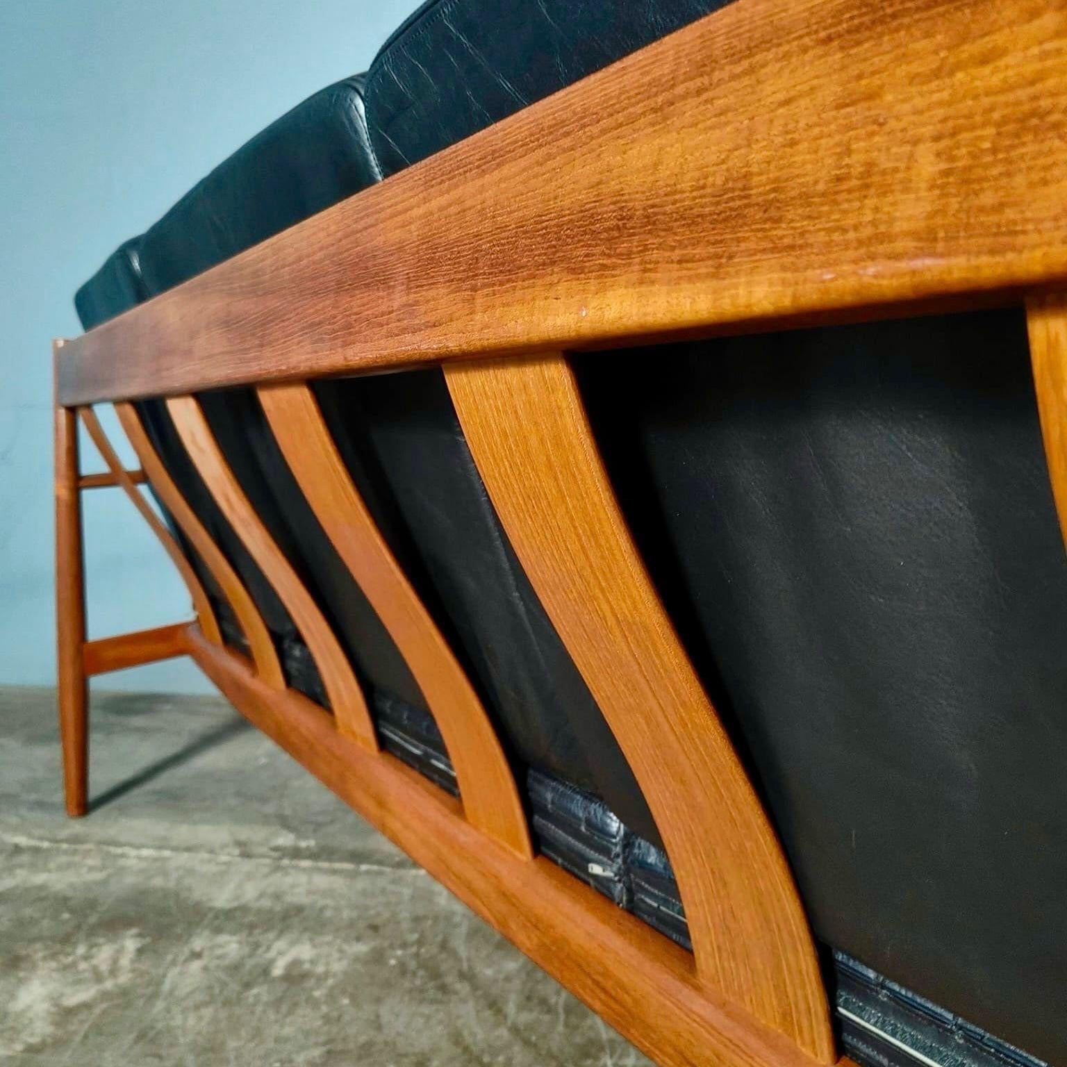 SOLD Mid Century Danish 3 Seater Black Leather Sofa Model 118-3 By Grete Jalk For France & Son Vintage Retro MCM