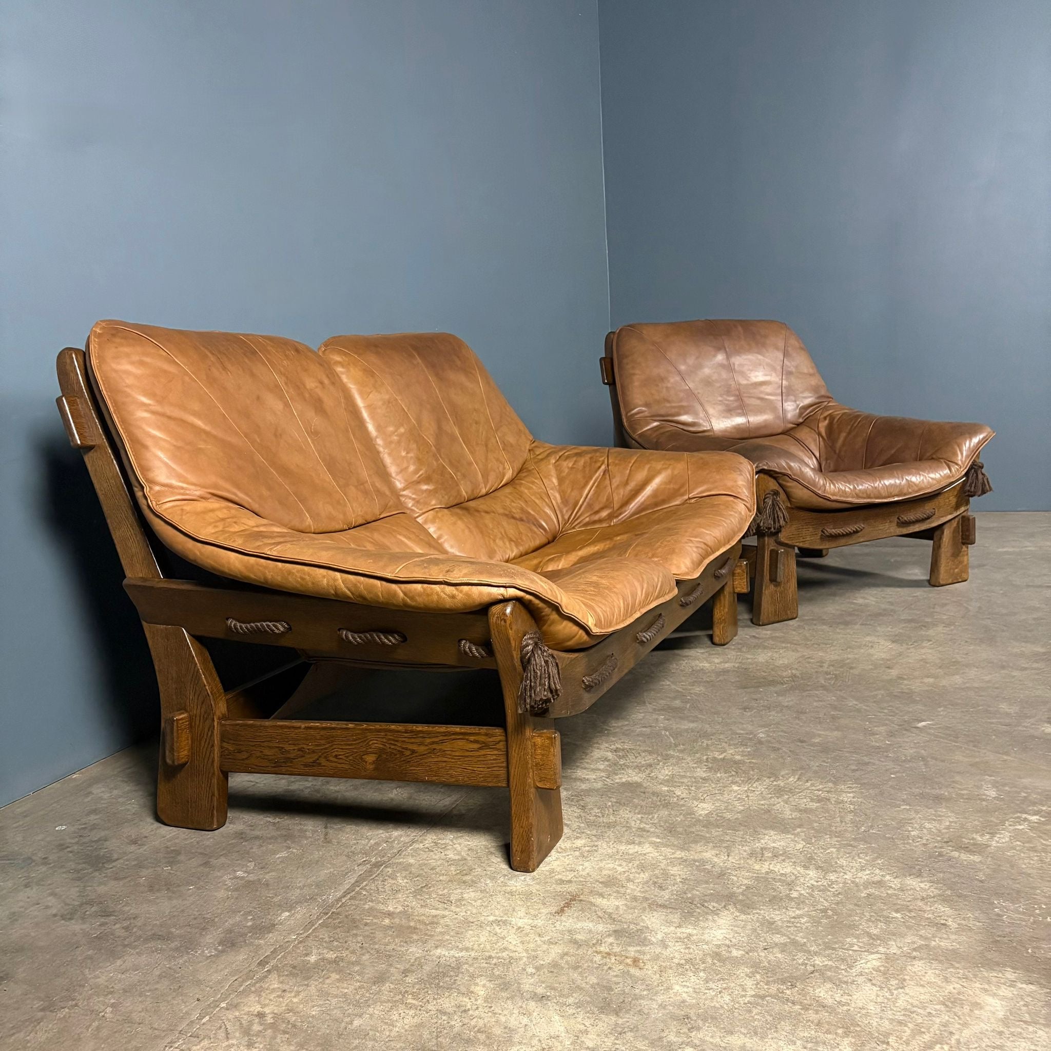 Brutalist Leather Two Seater Sofa & Matching Armchair Percival Lafer Style Mid Century Vintage Retro MCM