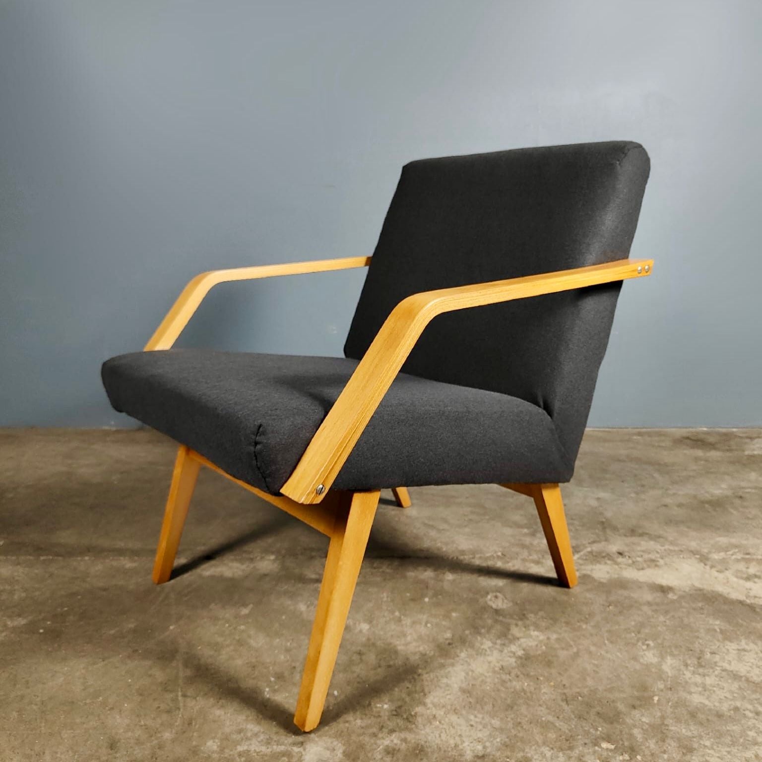 Vintage Czechoslovakia Armchair In Charcoal Grey Wool Mid Century Retro MCM