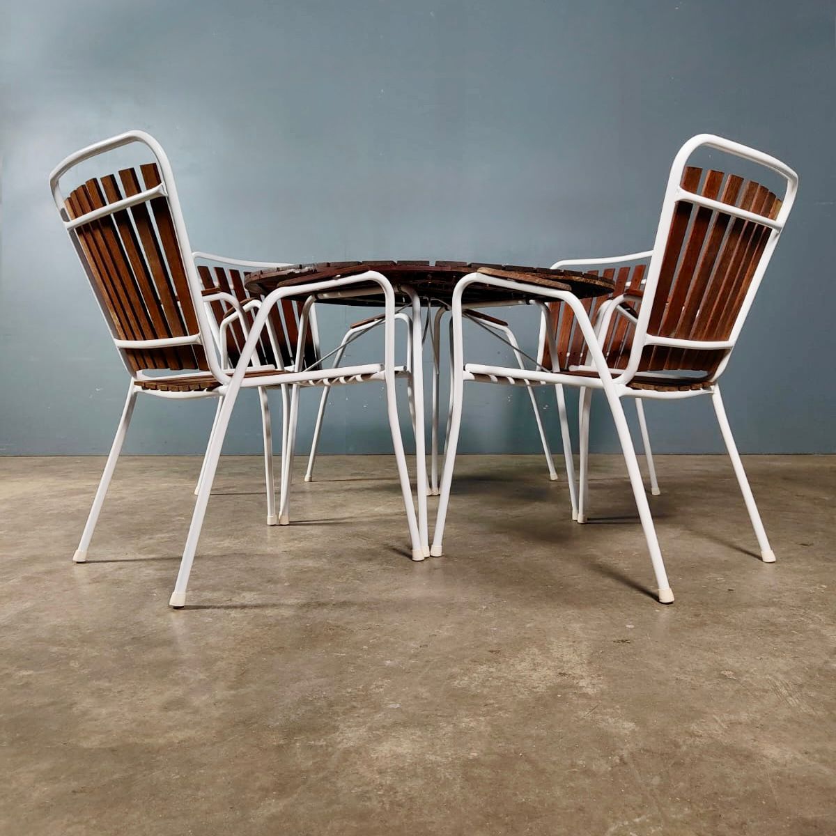 SOLD Four Daneline BKS Garden Stacking Chairs & Folding Sunburst Table Danish Teak Mid Century Vintage Retro MCM