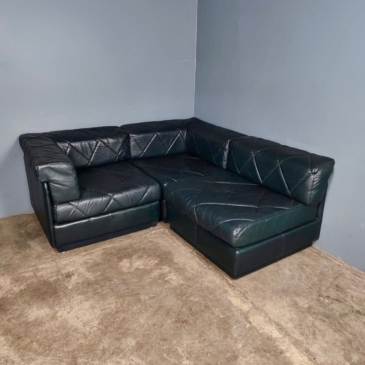 SOLD Green Leather Modular Corner Three Seater Sofa Mid Century Vintage Retro MCM