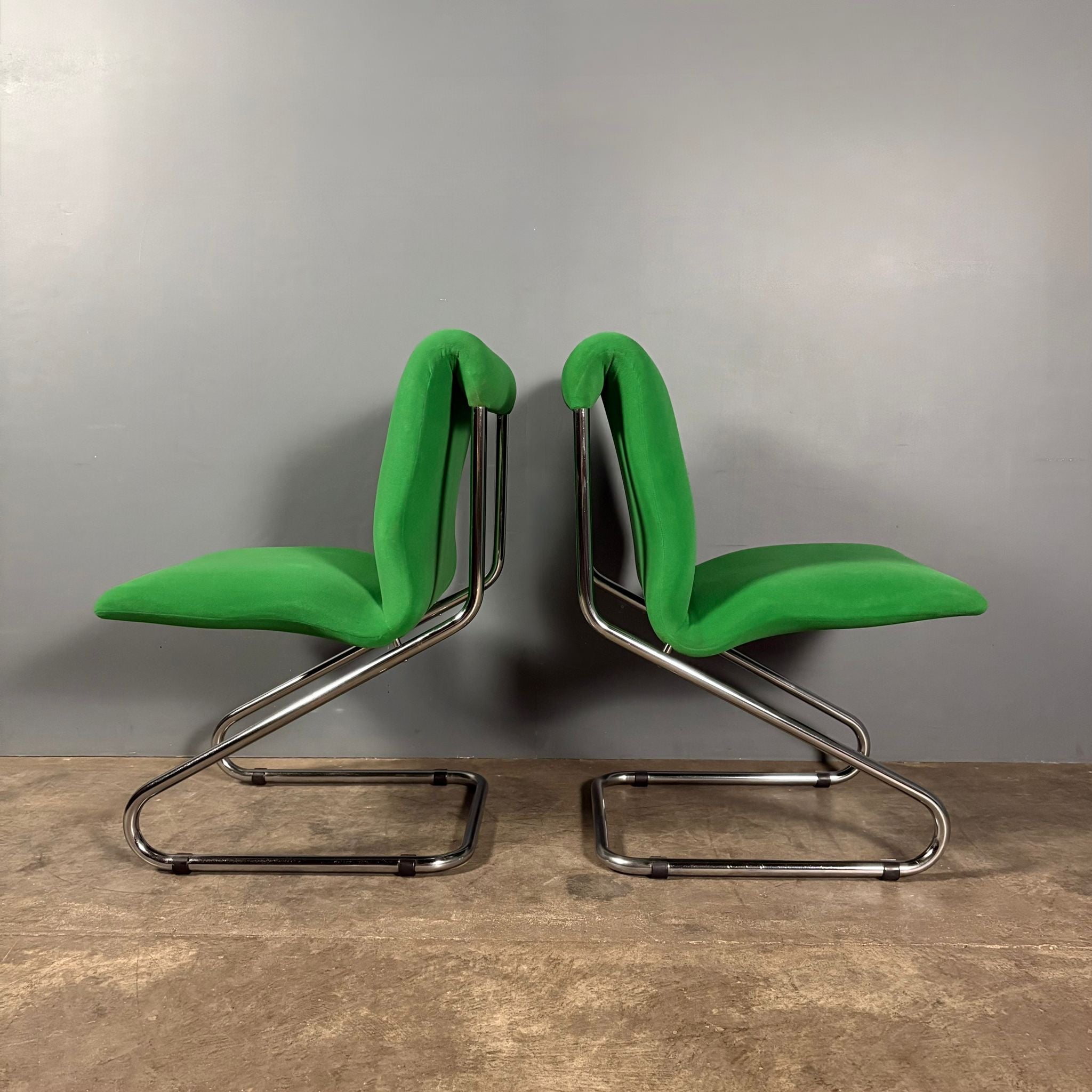 Six Green Italian Pace Chrome Dining Chairs & Glass Dining Table Mid Century Vintage Retro MCM