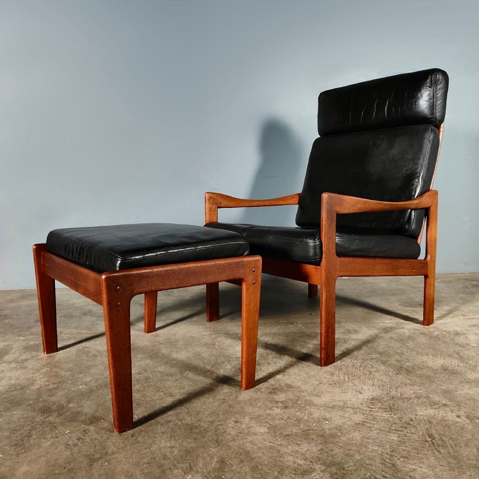 Mid Century Danish Lounge Chair & Ottoman Teak Black Leather By Illum Wikkelsø For Niels Eilersen Vintage Retro MCM