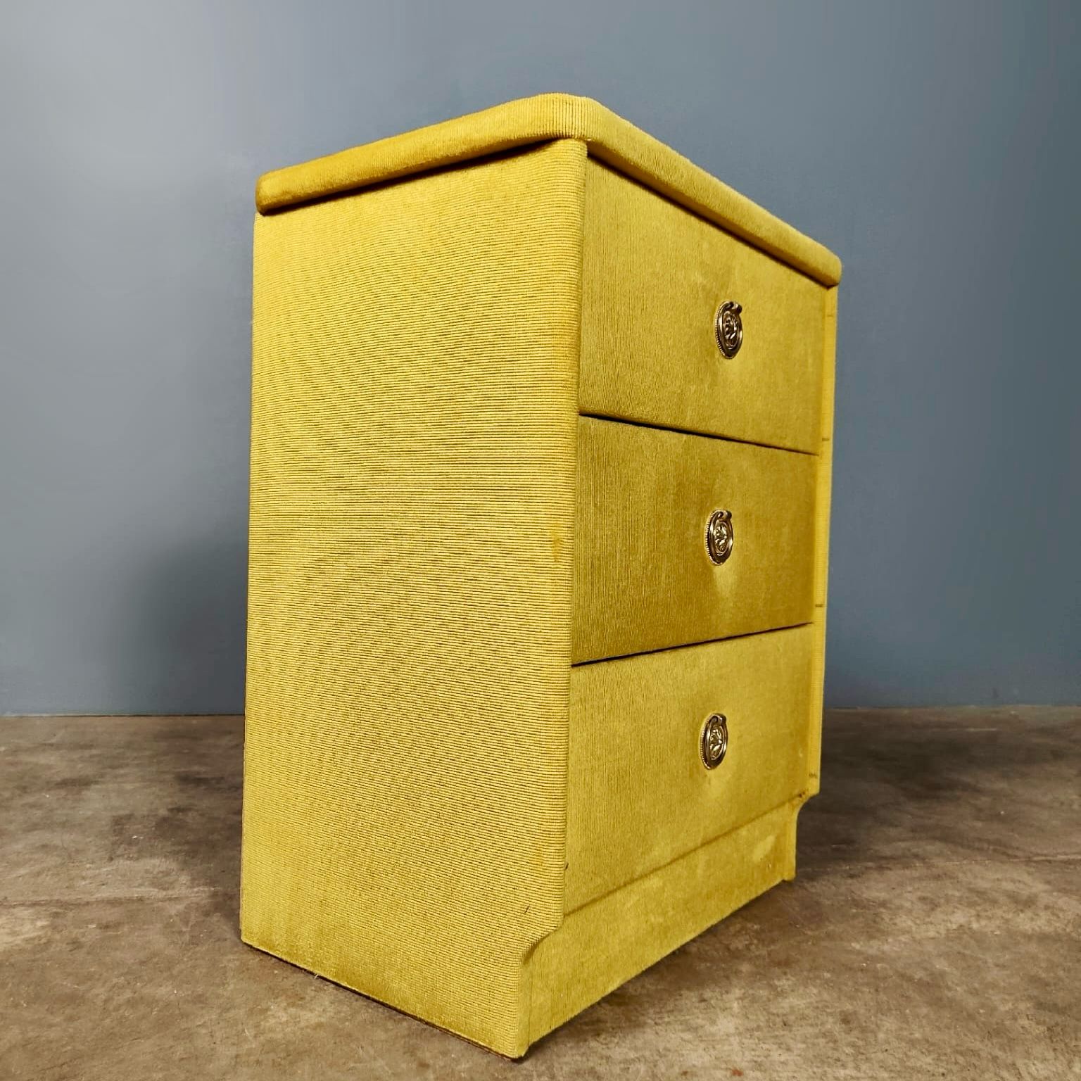 SOLD Mid Century Vintage Yellow Velvet Bedside Tables With Glass Tops Retro MCM