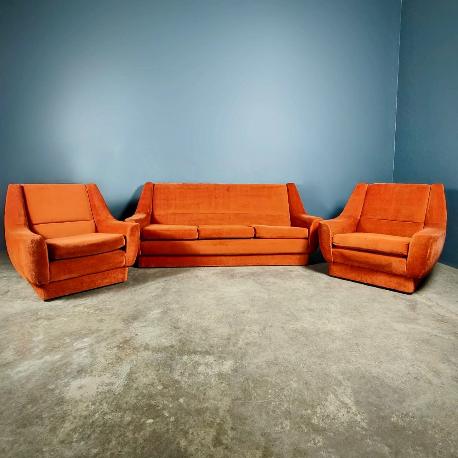 SOLD Mid Century Orange Coral Velvet Three Seater Sofa Vintage Retro MCM