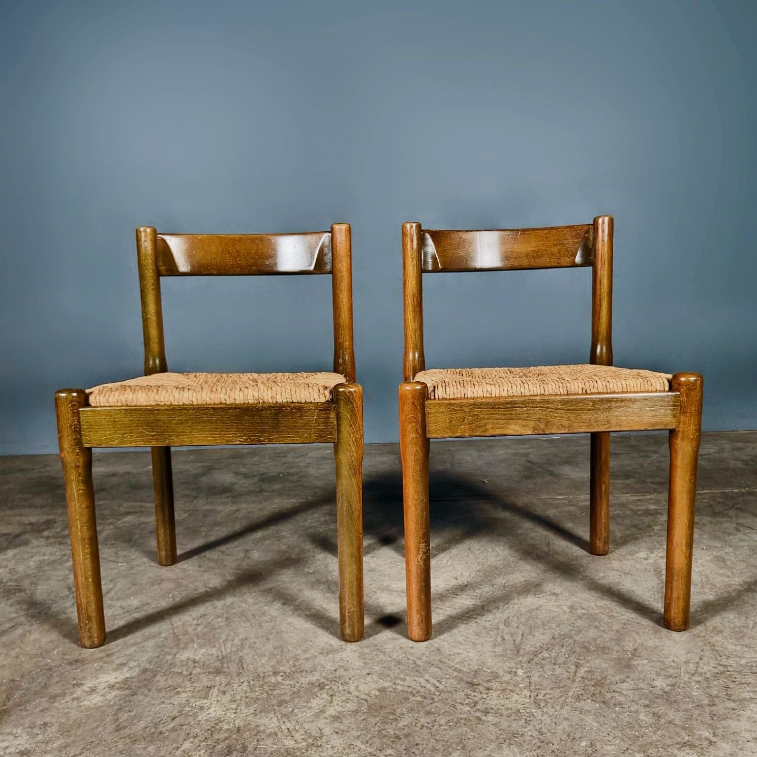 SOLD Pair Of Carimate Brown Rush & Beech Dining Chairs By Vico Magistretti For Cassina Mid Century Vintage Retro MCM