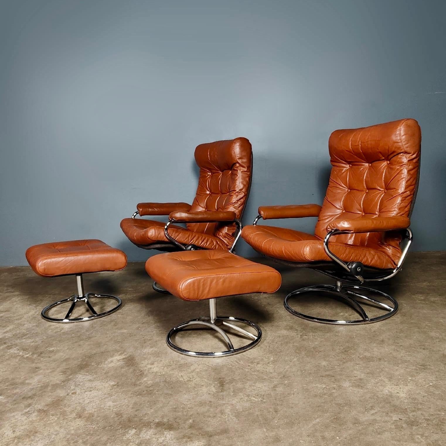 SOLD Pair Of Mid Century Brown Leather & Chrome Ekornes Stressless Reclining Lounge Chairs & Footstools Vintage Retro MCM