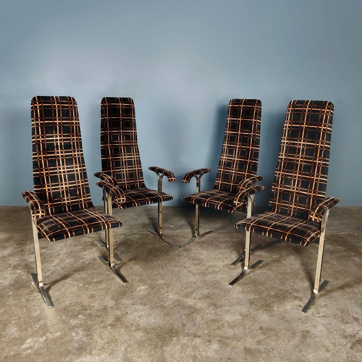 SOLD 4 x Mid Century Pieff Lisse Velvet Brass Geometric Dining Chairs Vintage Retro MCM