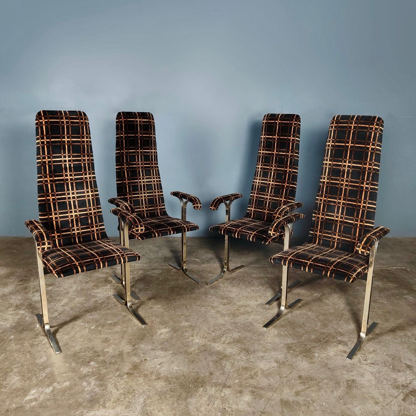 SOLD 4 x Mid Century Pieff Lisse Velvet Brass Geometric Dining Chairs Vintage Retro MCM