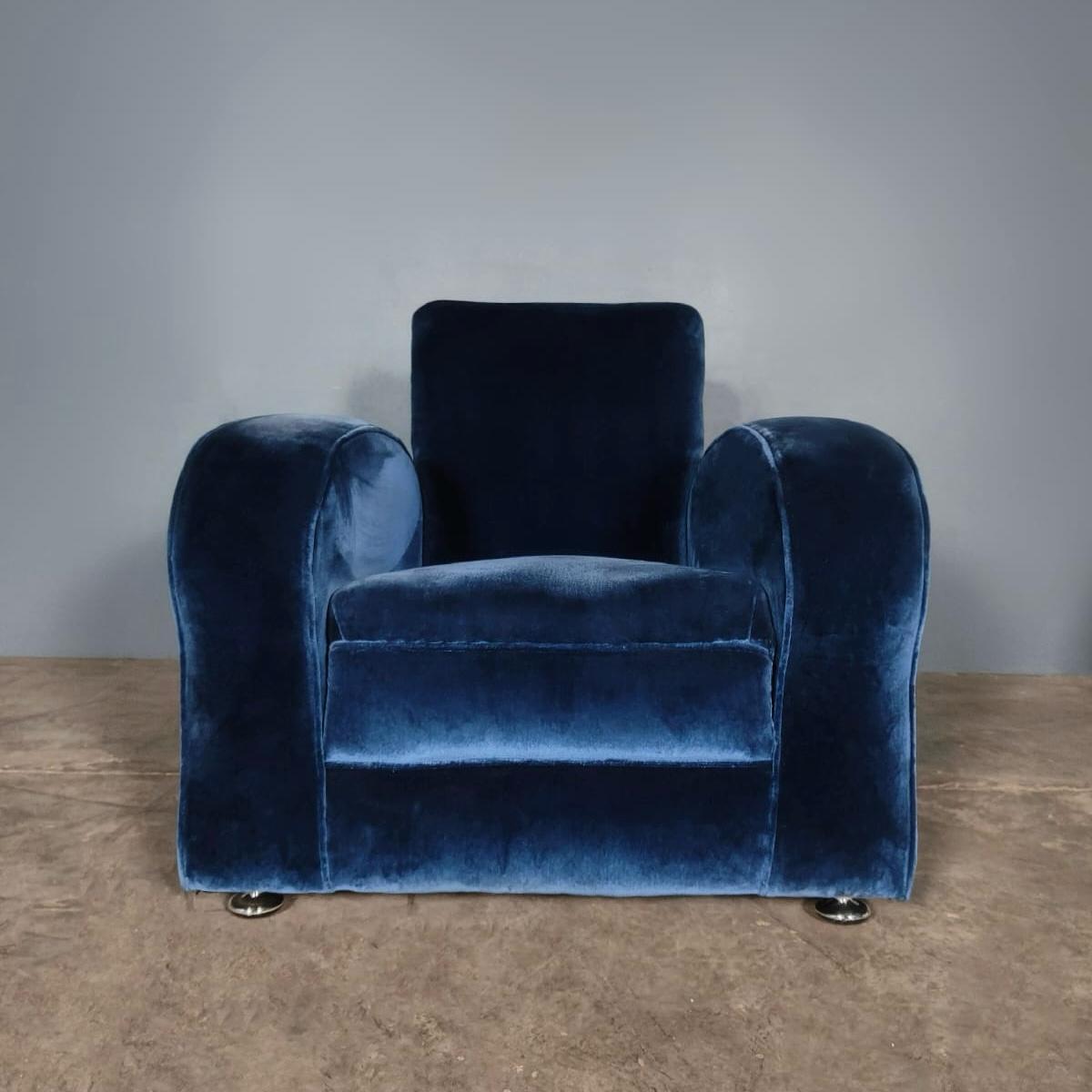 SOLD Blue Velvet Art Deco Armchair Mid Century Vintage Retro MCM