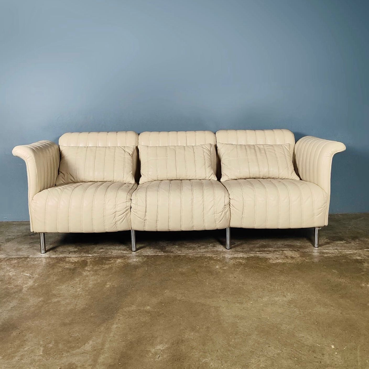 SOLD Mid Century Off White/Cream Leather Three Seater Sofa Vintage Retro MCM