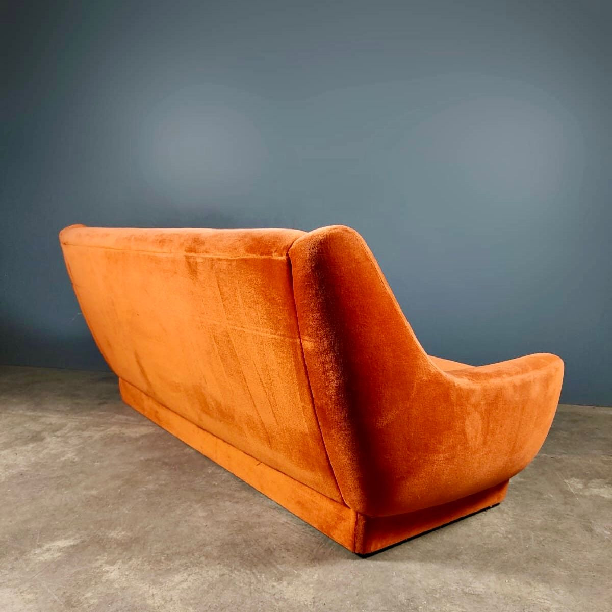 SOLD Mid Century Orange Coral Velvet Three Seater Sofa Vintage Retro MCM