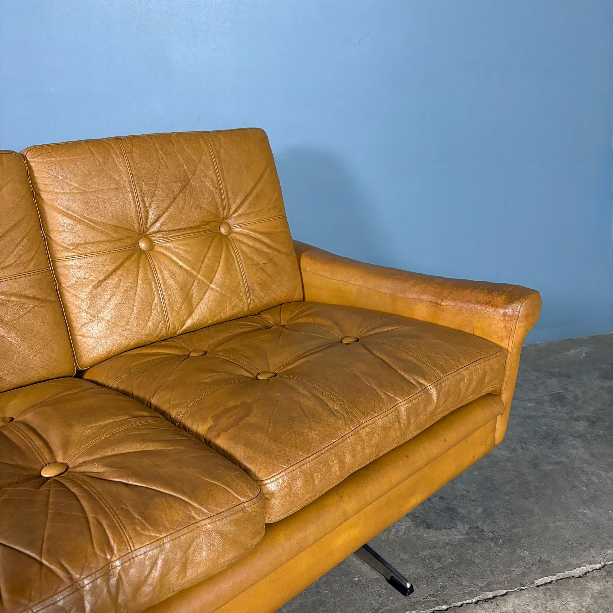 SOLD Mid Century Danish Svend Skipper Three Seater Sofa Cognac Leather Vintage Retro MCM