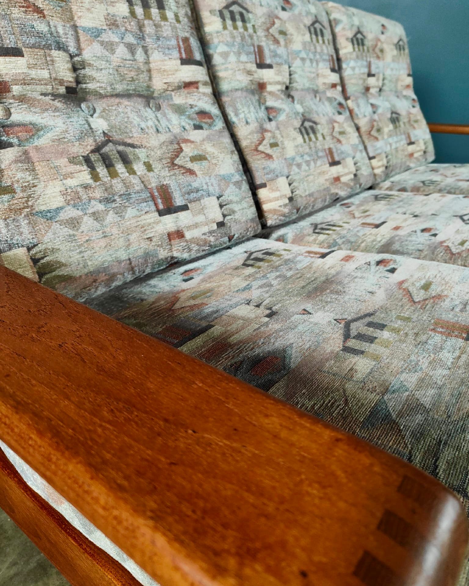Mid Century Teak Geometric Three Seater Sofa Vintage Retro MCM