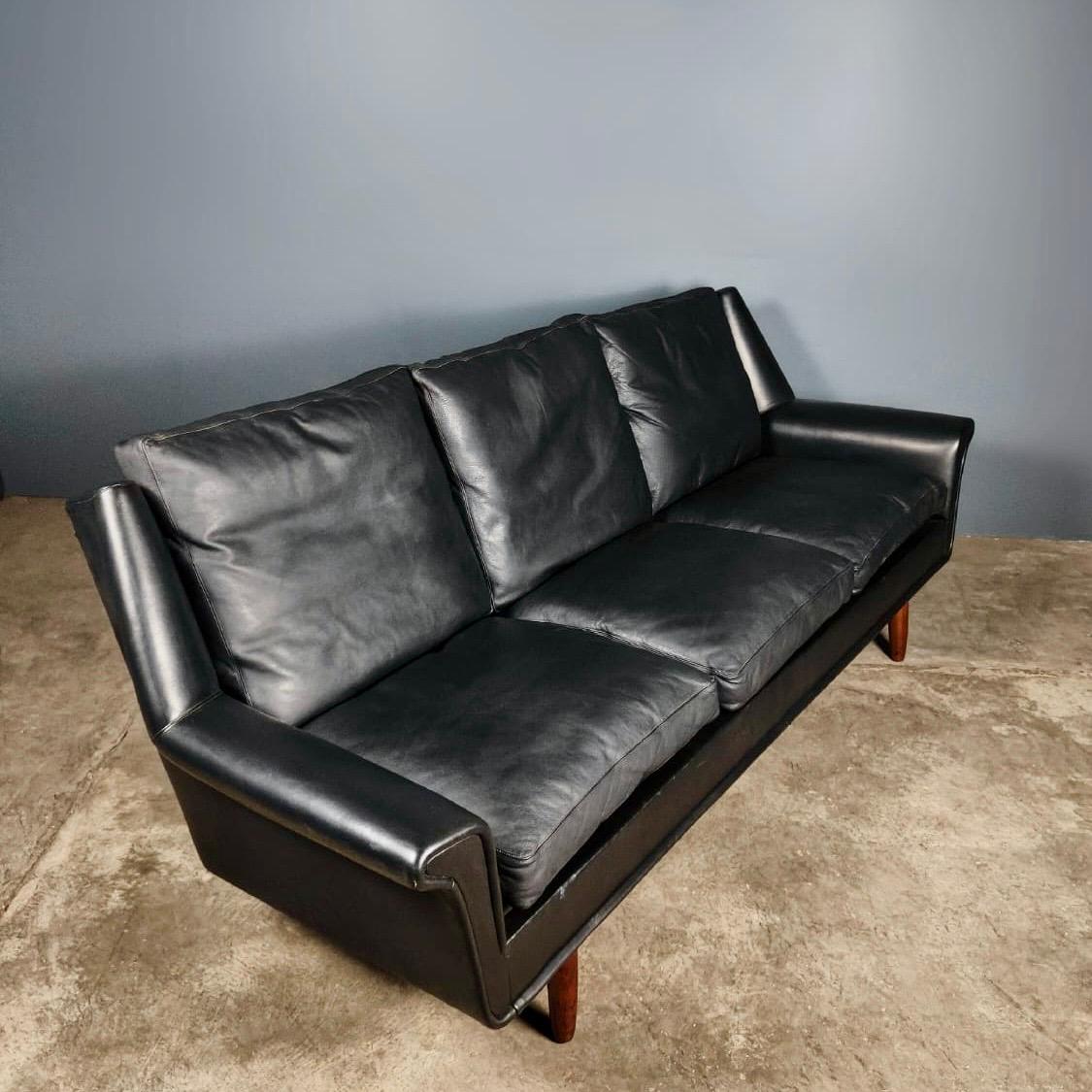 SOLD Mid Century Danish/Norwegian Three Seater Sofa Black Leather Vintage Retro MCM