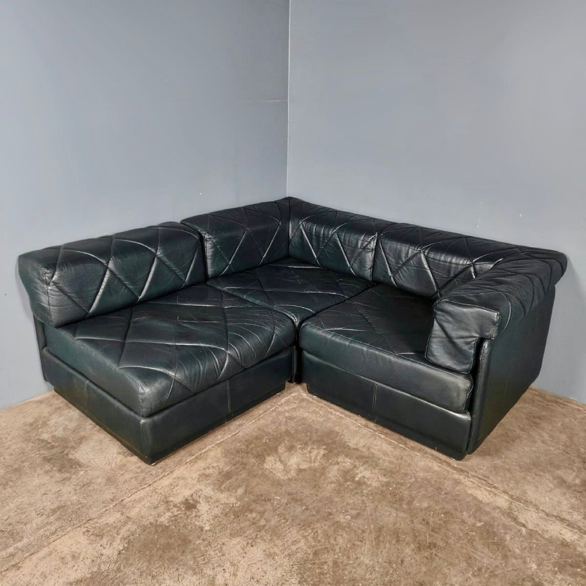 SOLD Green Leather Modular Corner Three Seater Sofa Mid Century Vintage Retro MCM