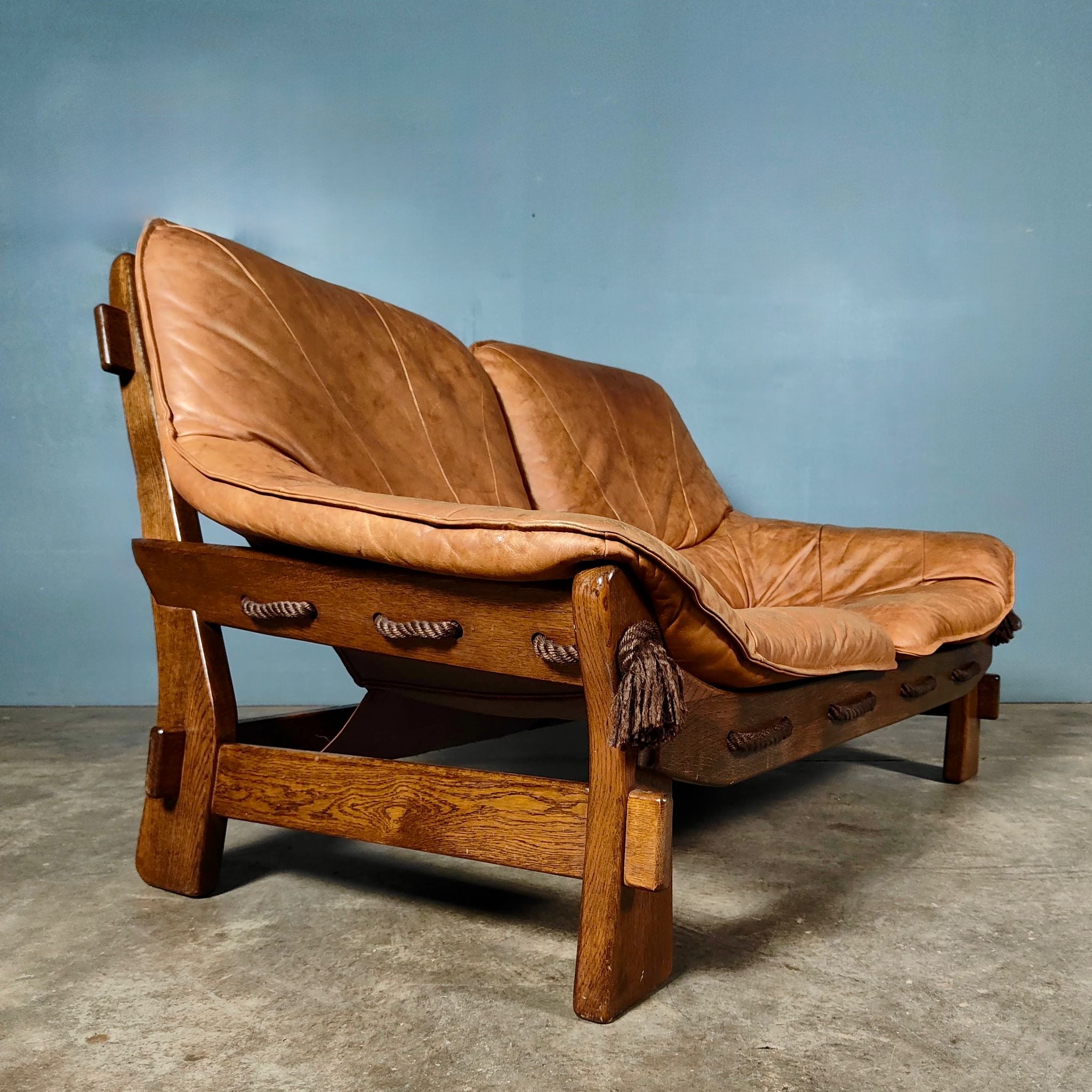 Brutalist Leather Two Seater Sofa & Matching Armchair Percival Lafer Style Mid Century Vintage Retro MCM