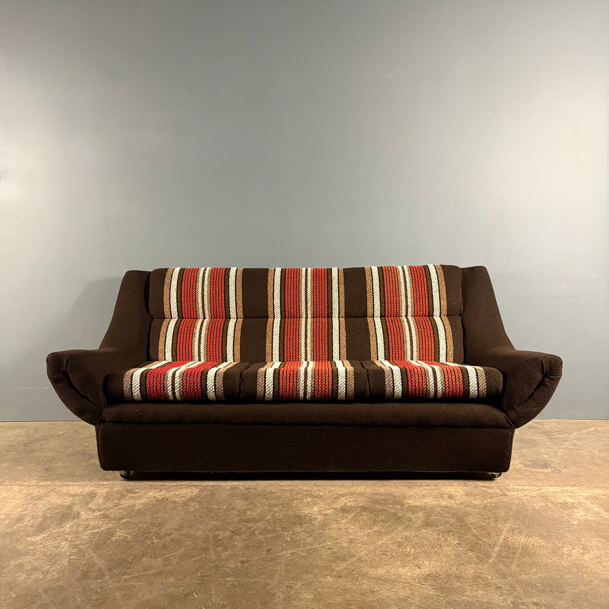 Mid Century Three Seater Striped Brown Sofa Vintage Retro MCM