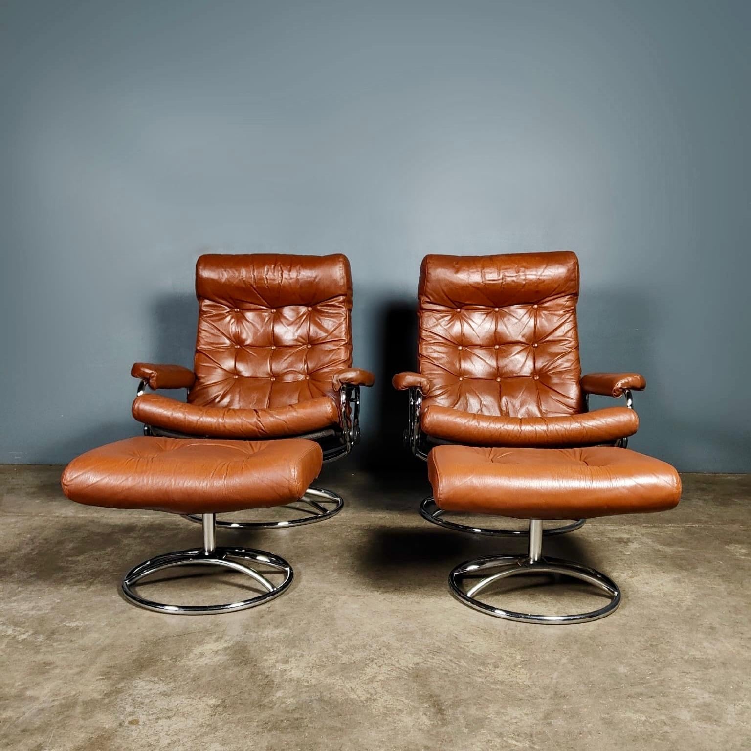 SOLD Pair Of Mid Century Brown Leather & Chrome Ekornes Stressless Reclining Lounge Chairs & Footstools Vintage Retro MCM