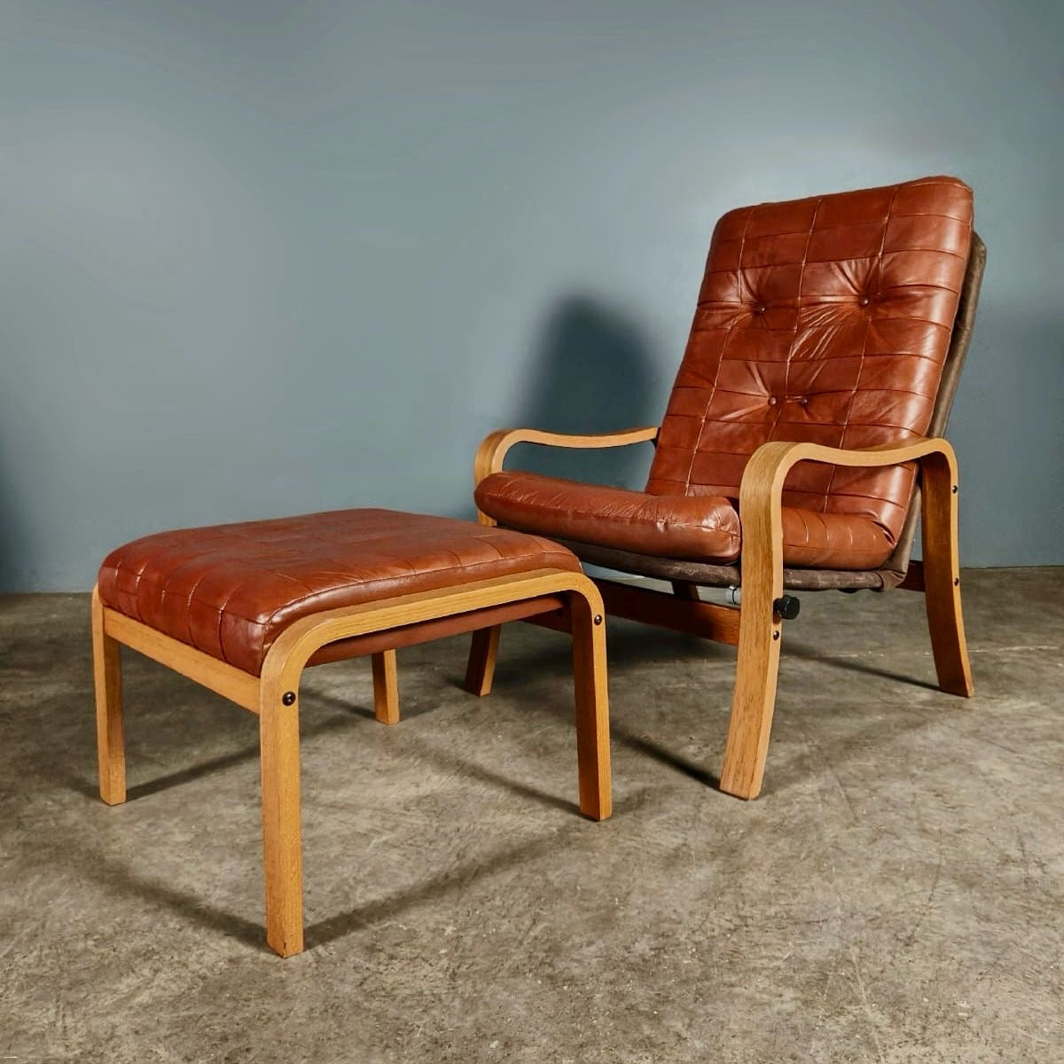 Leather Patchwork Armchair & Footstool Mid Century Vintage Retro MCM