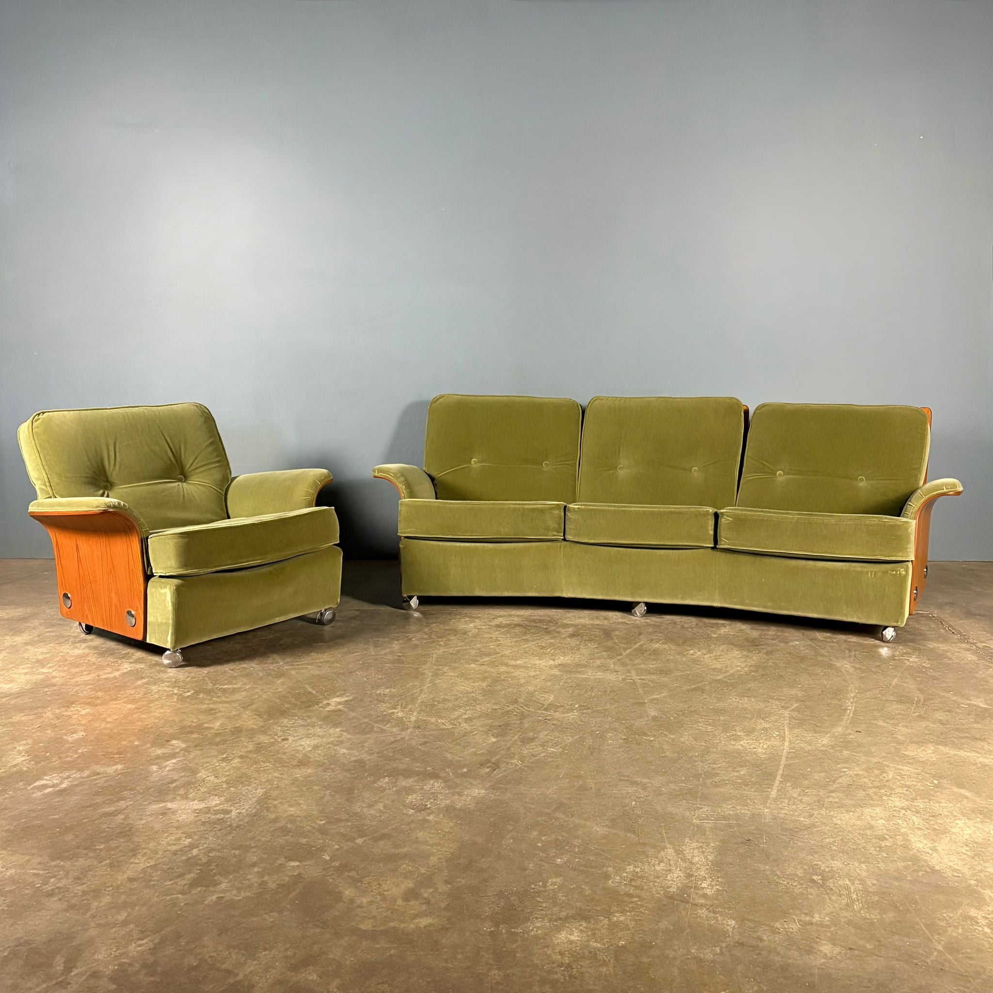 Mid Century G Plan Tulip Three Seater Sofa & Armchair Green Velvet Vintage Retro MCM