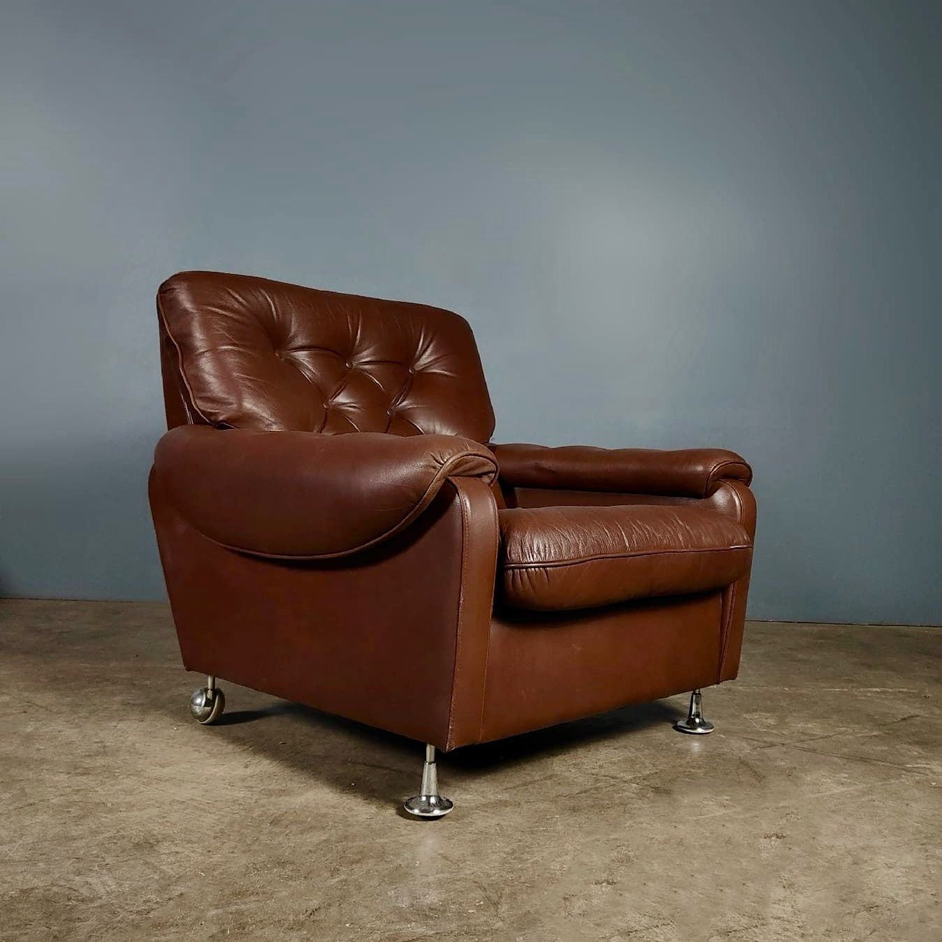 SOLD Brown Leather Buttoned Danish/Norwegian Armchair Mid Century Vintage Retro MCM