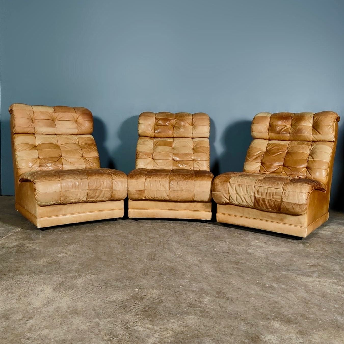 SOLD Three Light Brown Tan Leather Patchwork Modular Sofa/Chairs De Sede Style Mid Century Vintage Retro MCM