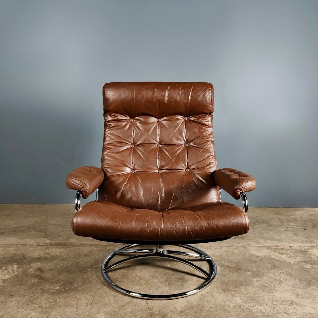 SOLD Pair Of Mid Century Brown Leather Chrome Ekornes Stressless Armchairs Footstools Vintage Retro