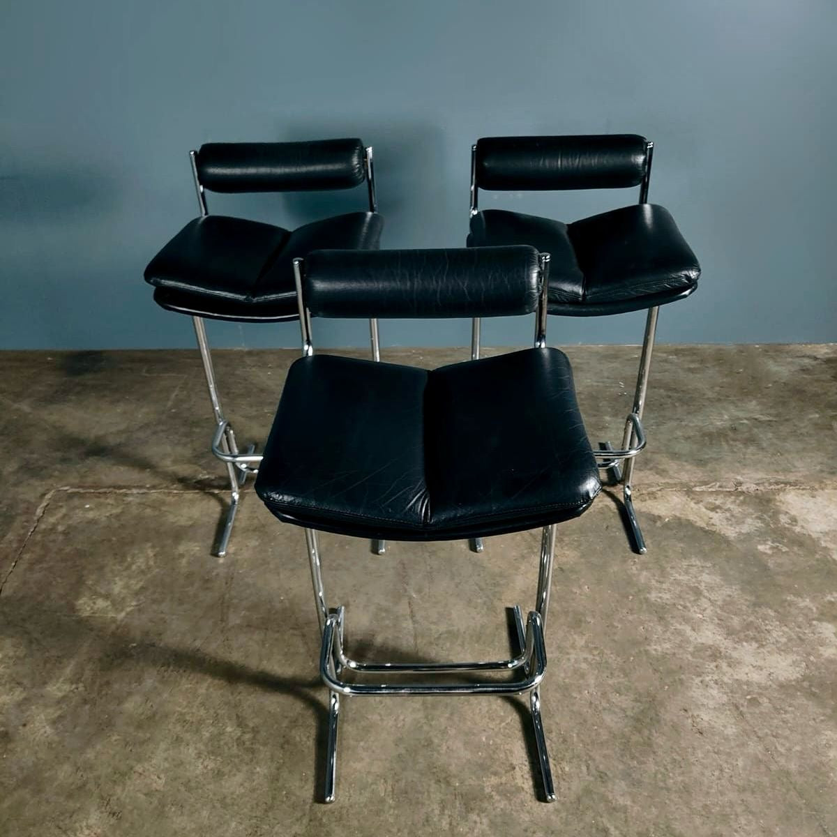 SOLD Mid Century Tim Bates For Pieff Eleganza Bar Stools In Black Leather Vintage Retro MCM