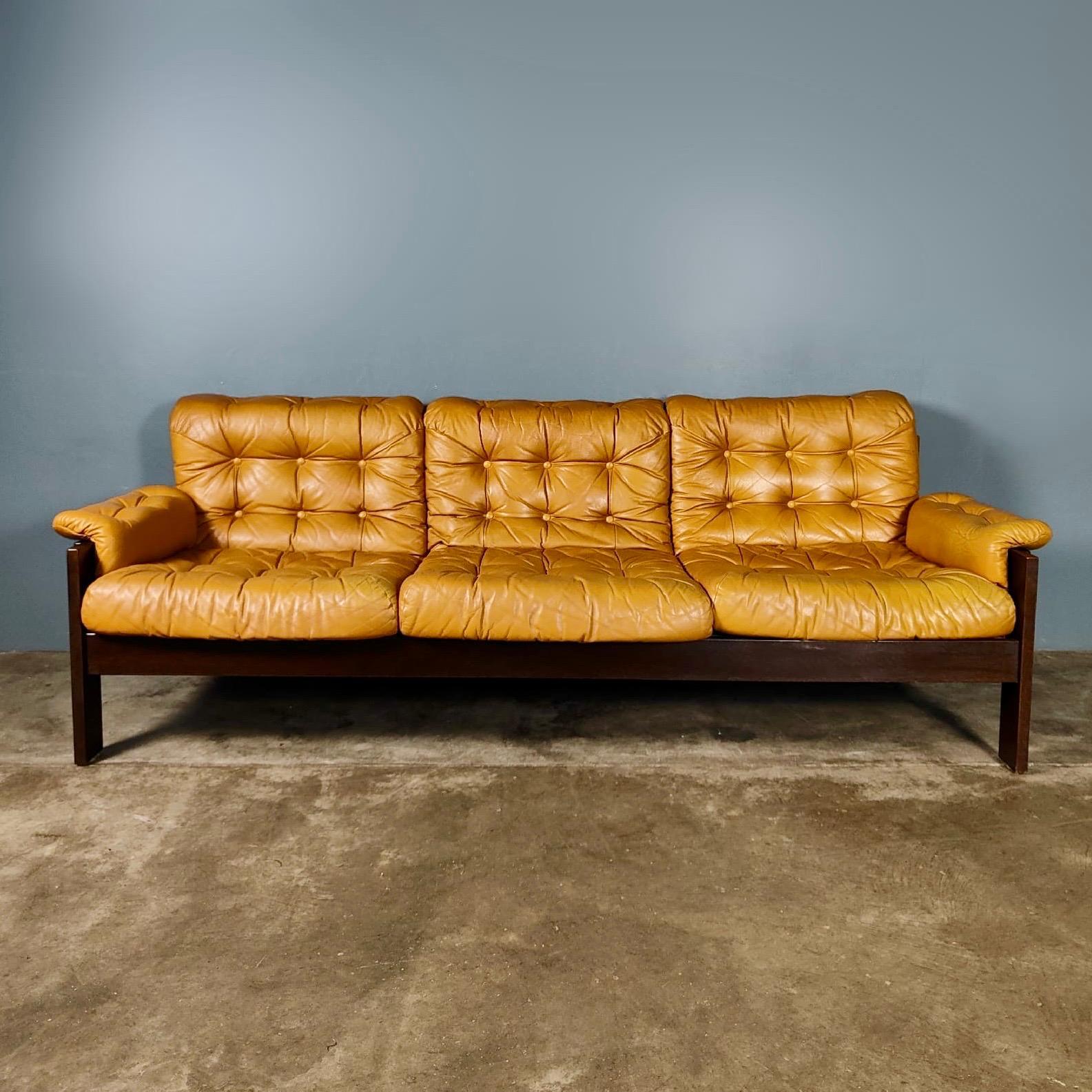 SOLD Mid Century John-Bertil Häggström Swed-Form Yellow Mustard Tan Leather Three Seater Sofa Vintage Retro MCM