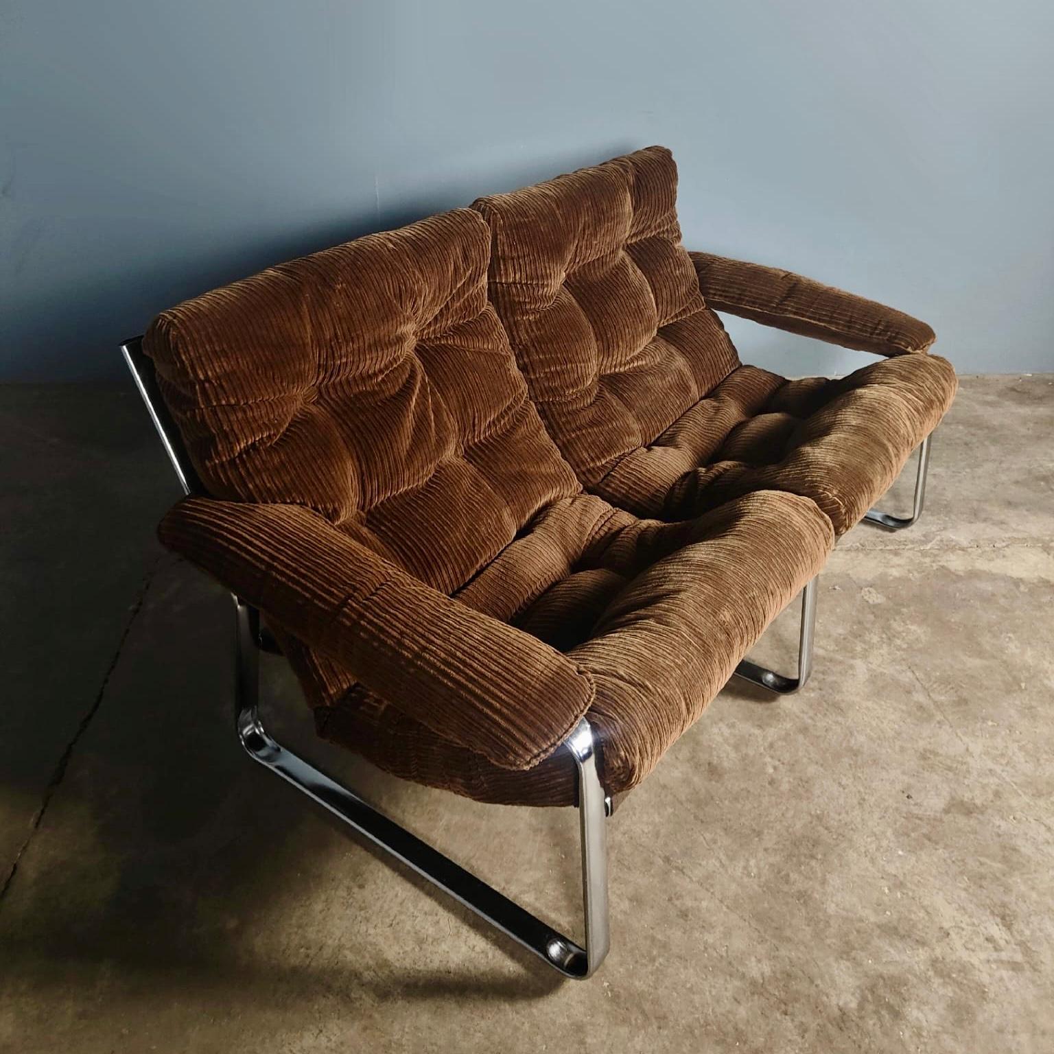 SOLD Mid Century Two Seater Brown Corduroy Sling Sofa By Gillis Lundgren For Ikea Vintage Retro MCM