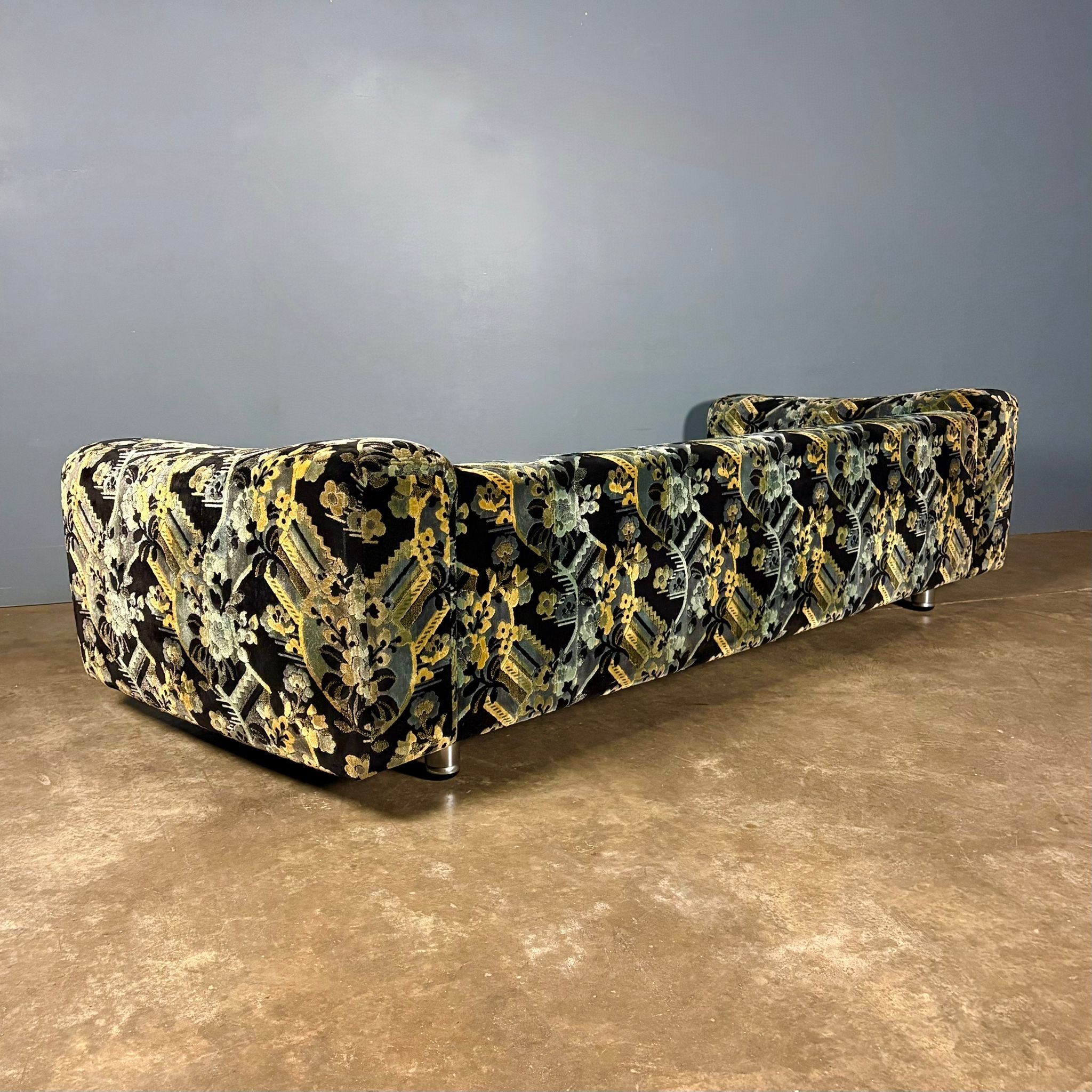 Mid Century Geometric Patterned Fabric Three Seater Sofa & Footstool Vintage Retro MCM