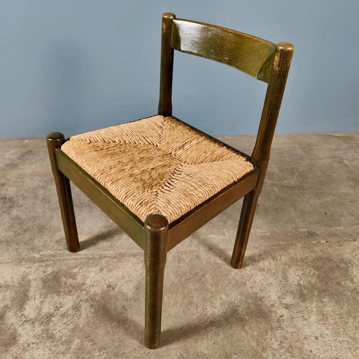 SOLD Pair Of Carimate Green Rush & Beech Dining Chairs By Vico Magistretti For Cassina Mid Century Vintage Retro MCM
