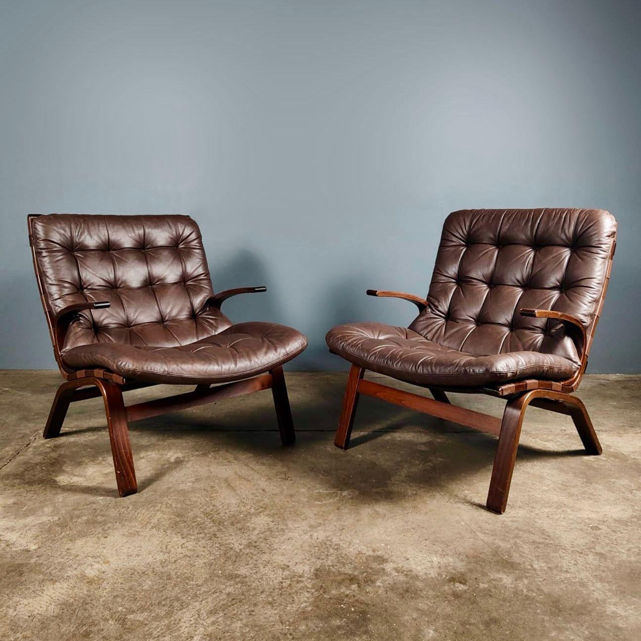 SOLD Pair Of Ingmar Relling By Westnofa Farstrup Brown Leather Lounge Chairs Mid Century Vintage Retro MCM