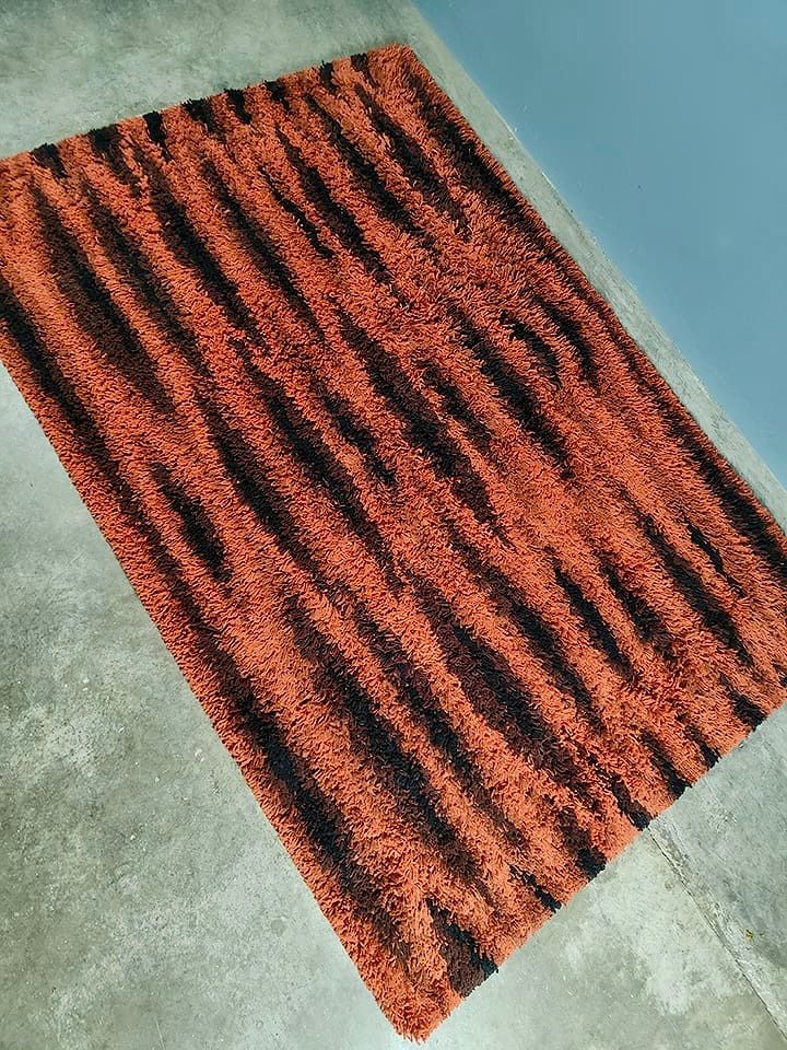 SOLD Mid Century Retro Large Red Orange Brown Rug Vintage Wool MCM