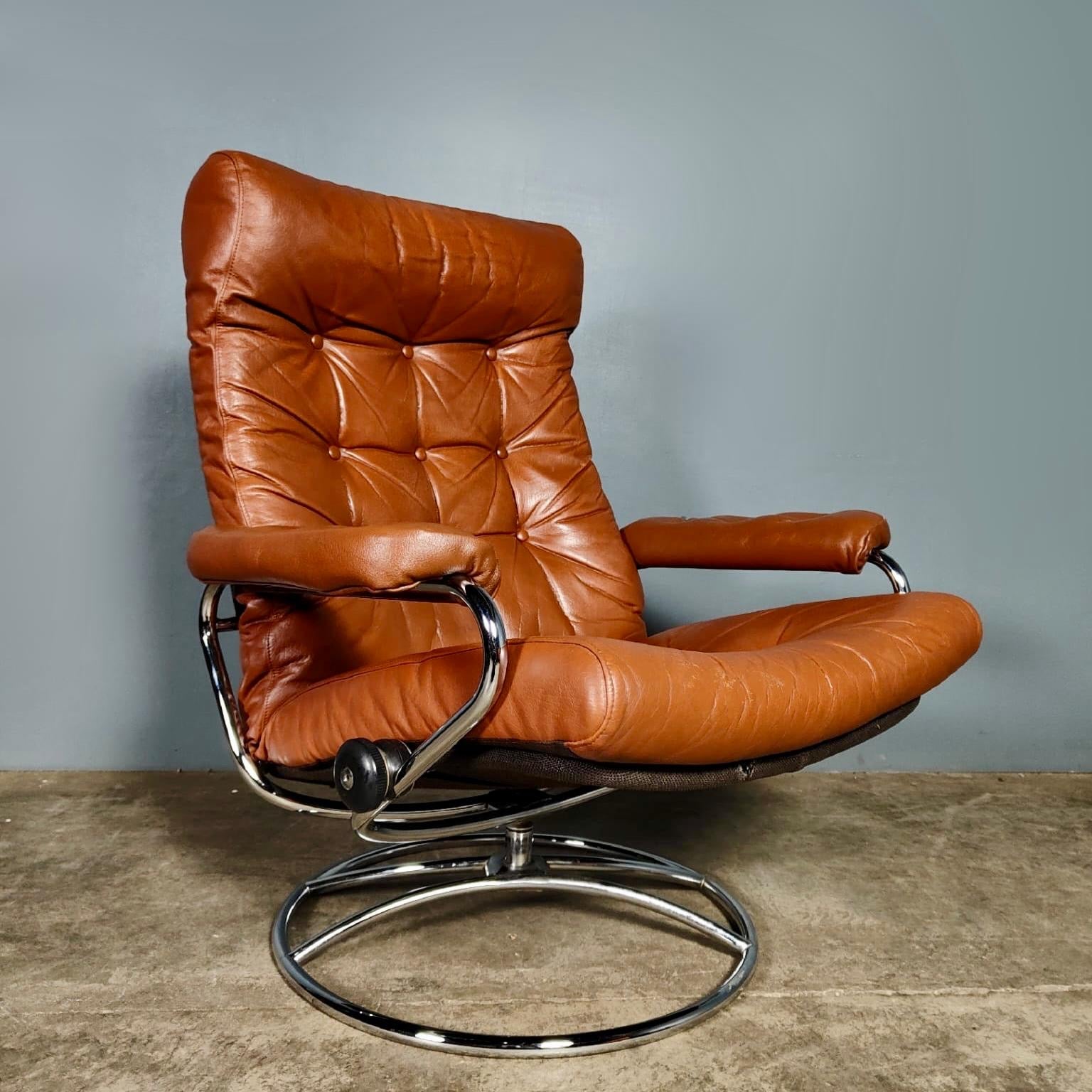 SOLD Pair Of Mid Century Brown Leather & Chrome Ekornes Stressless Reclining Lounge Chairs & Footstools Vintage Retro MCM