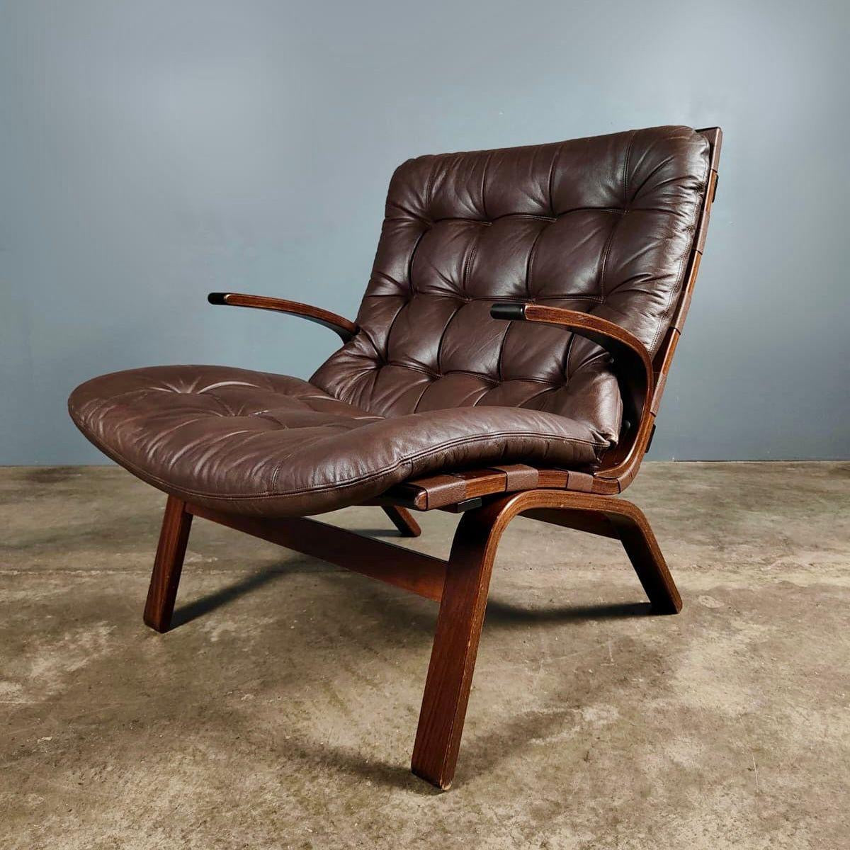 SOLD Pair Of Ingmar Relling By Westnofa Farstrup Brown Leather Lounge Chairs Mid Century Vintage Retro MCM