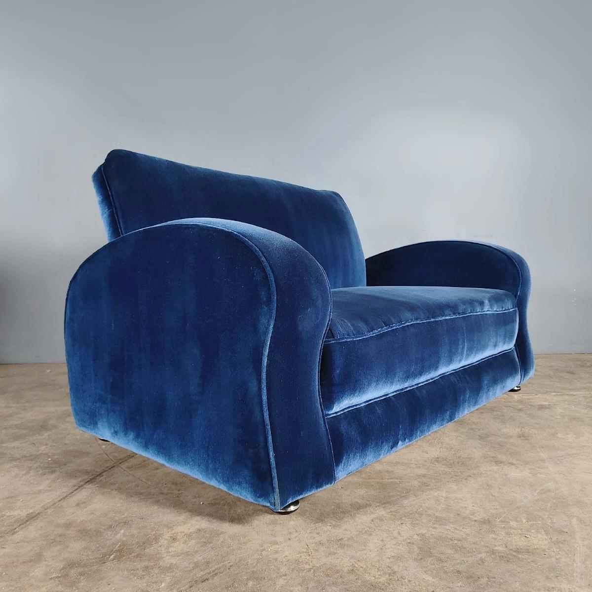 SOLD Blue Velvet Art Deco Two Seater Sofa Mid Century Vintage Retro MCM
