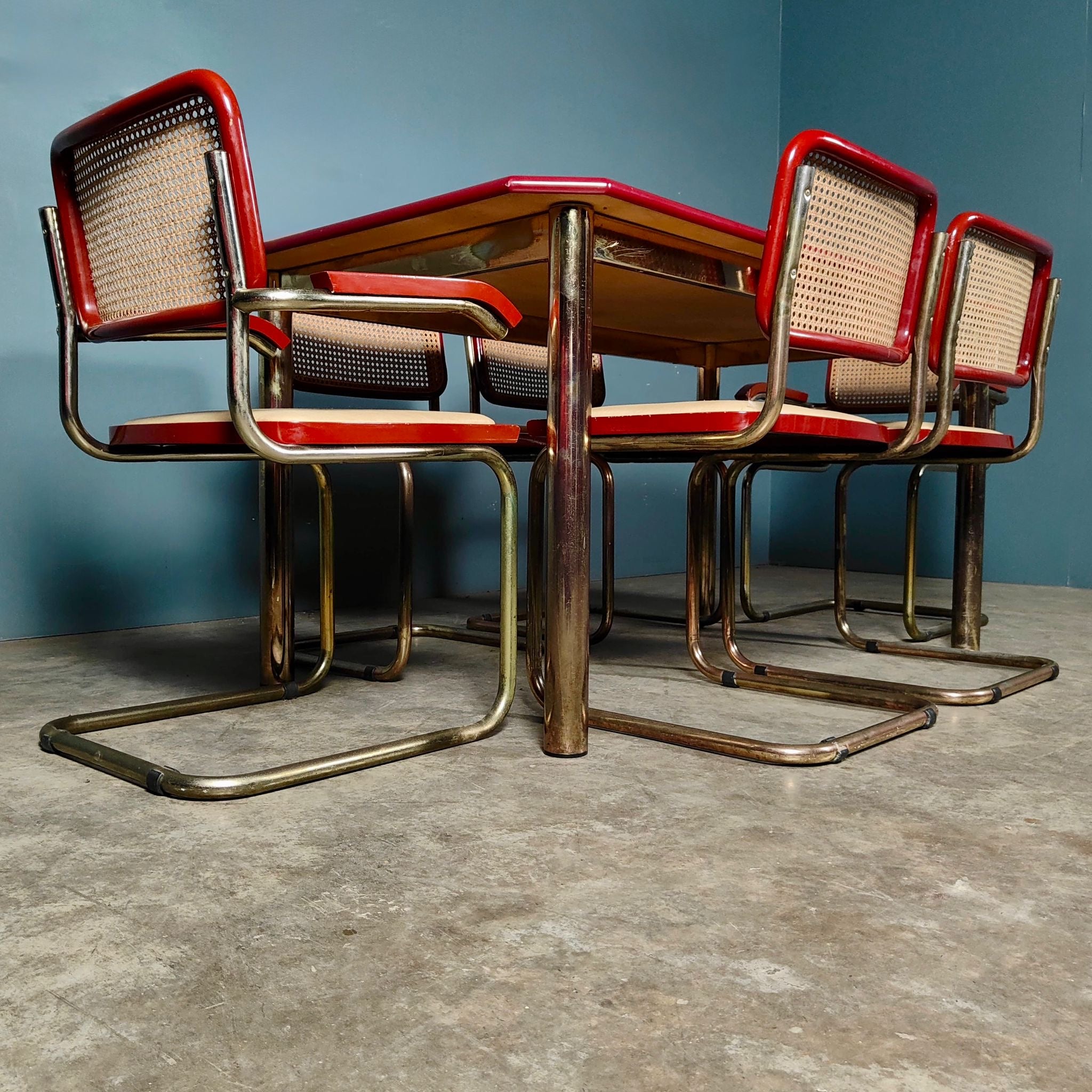 SOLD Six Red Marcel Breuer Cesca Dining Chairs & Matching Table Mid Century Vintage Retro MCM