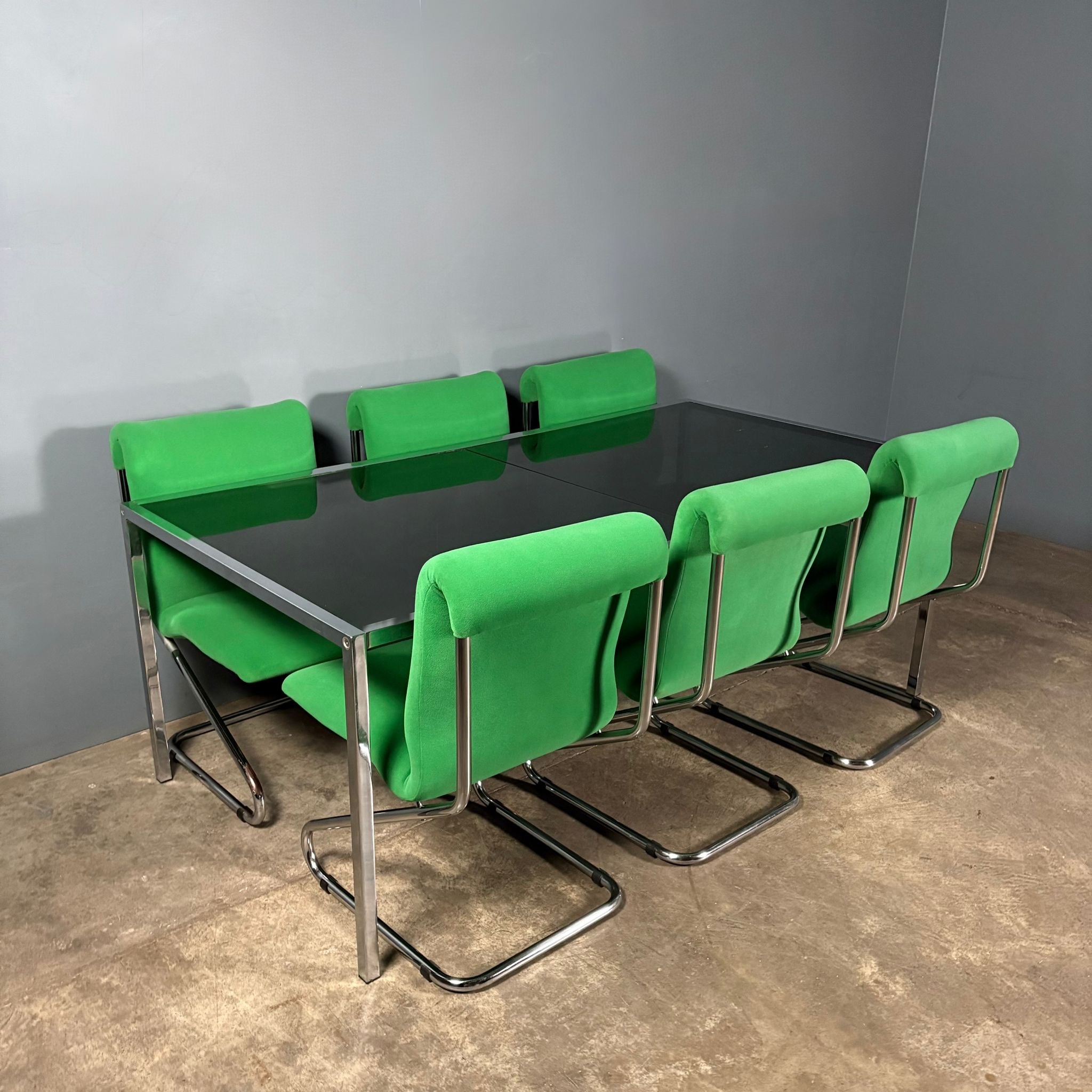 Six Green Italian Pace Chrome Dining Chairs & Glass Dining Table Mid Century Vintage Retro MCM