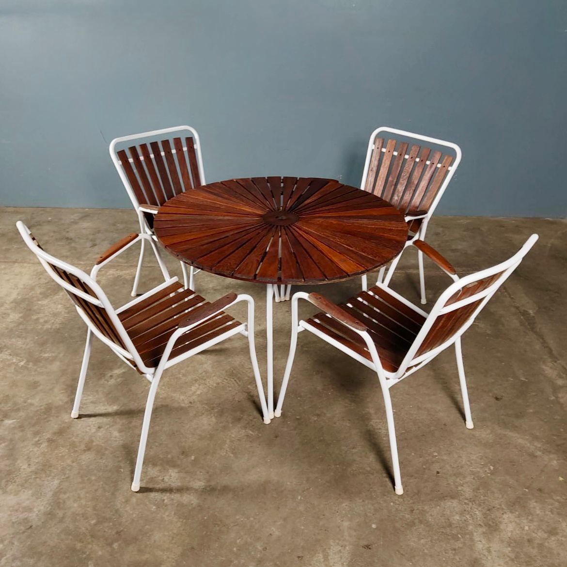 SOLD Four Daneline BKS Garden Stacking Chairs & Folding Sunburst Table Danish Teak Mid Century Vintage Retro MCM