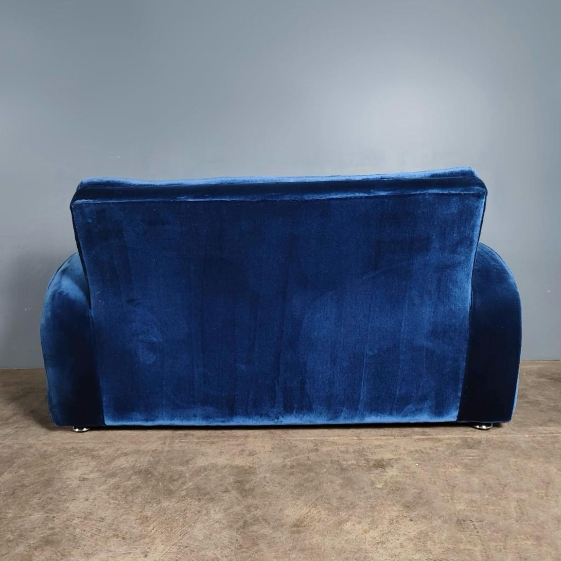 SOLD Blue Velvet Art Deco Two Seater Sofa Mid Century Vintage Retro MCM