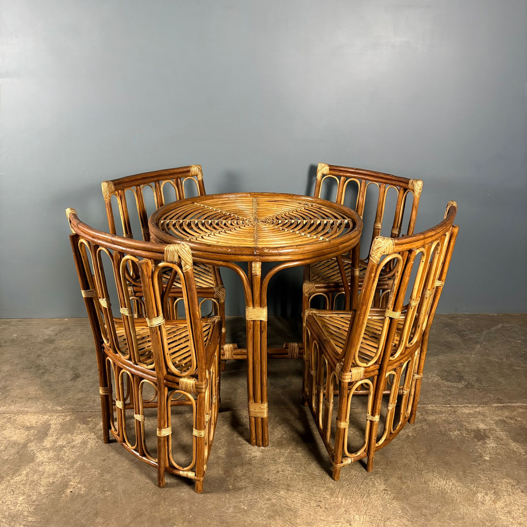 Dining Table Four Matching Chairs Bamboo Cane Rattan Mid Century
