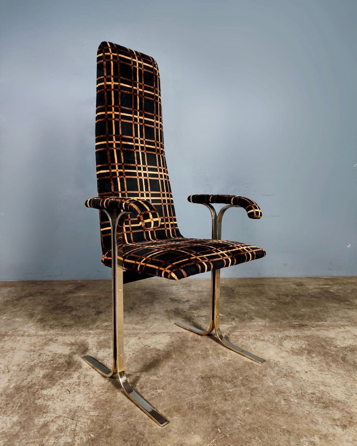 SOLD 4 x Mid Century Pieff Lisse Velvet Brass Geometric Dining Chairs Vintage Retro MCM