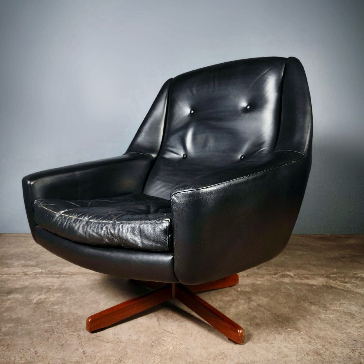 SOLD Black Leather Swivel Armchair Mid Century Vintage Retro MCM