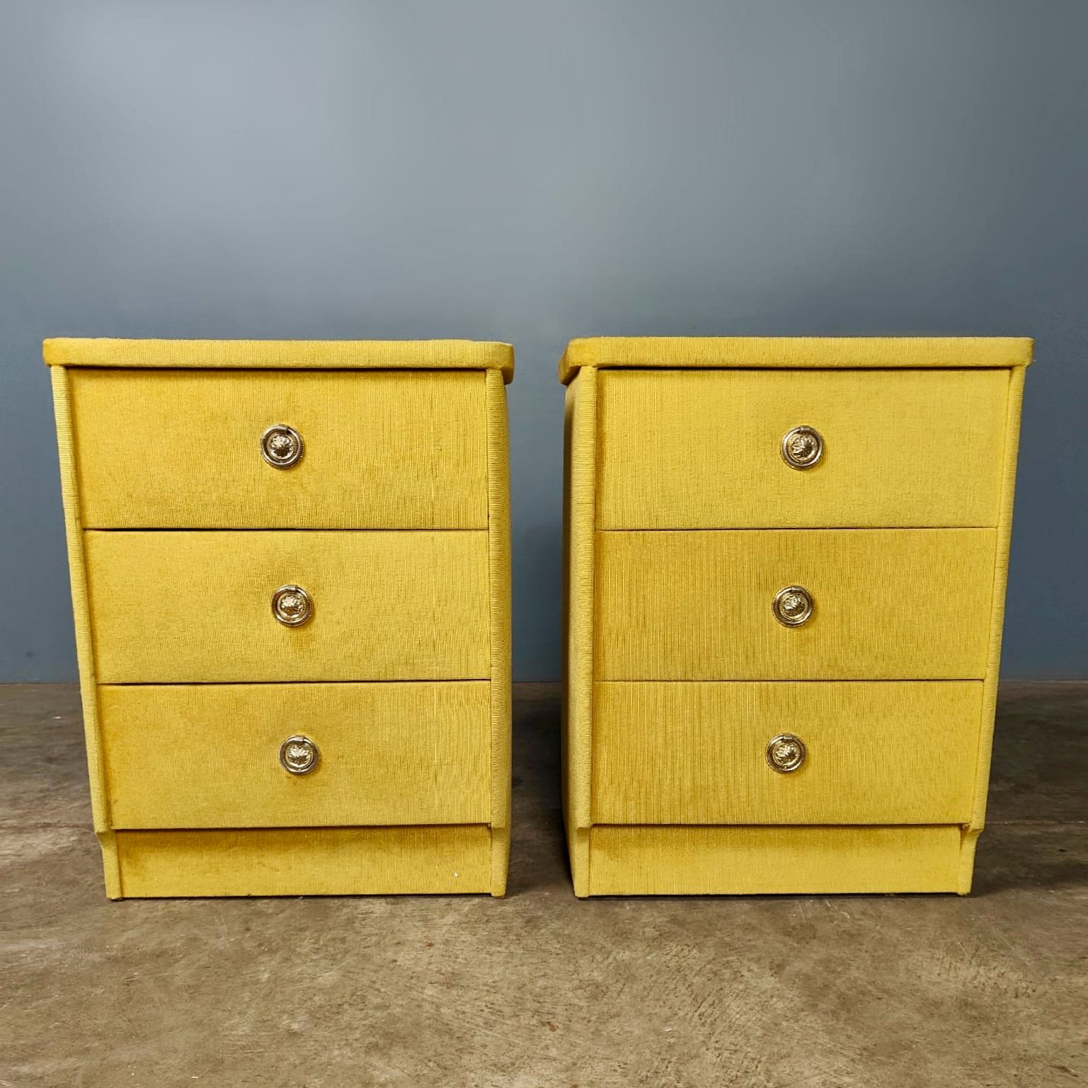SOLD Mid Century Vintage Yellow Velvet Bedside Tables With Glass Tops Retro MCM