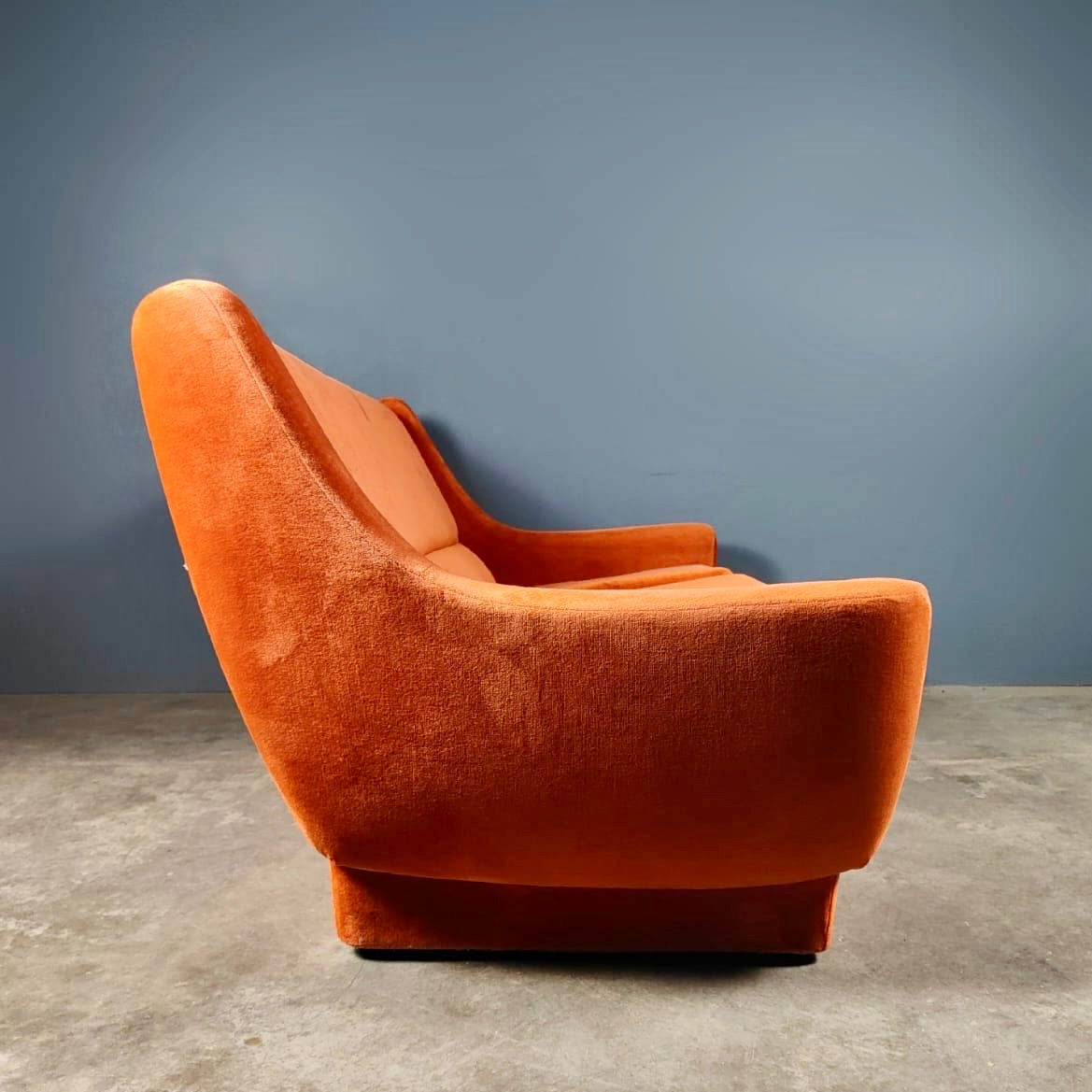 SOLD Mid Century Orange Coral Velvet Three Seater Sofa Vintage Retro MCM