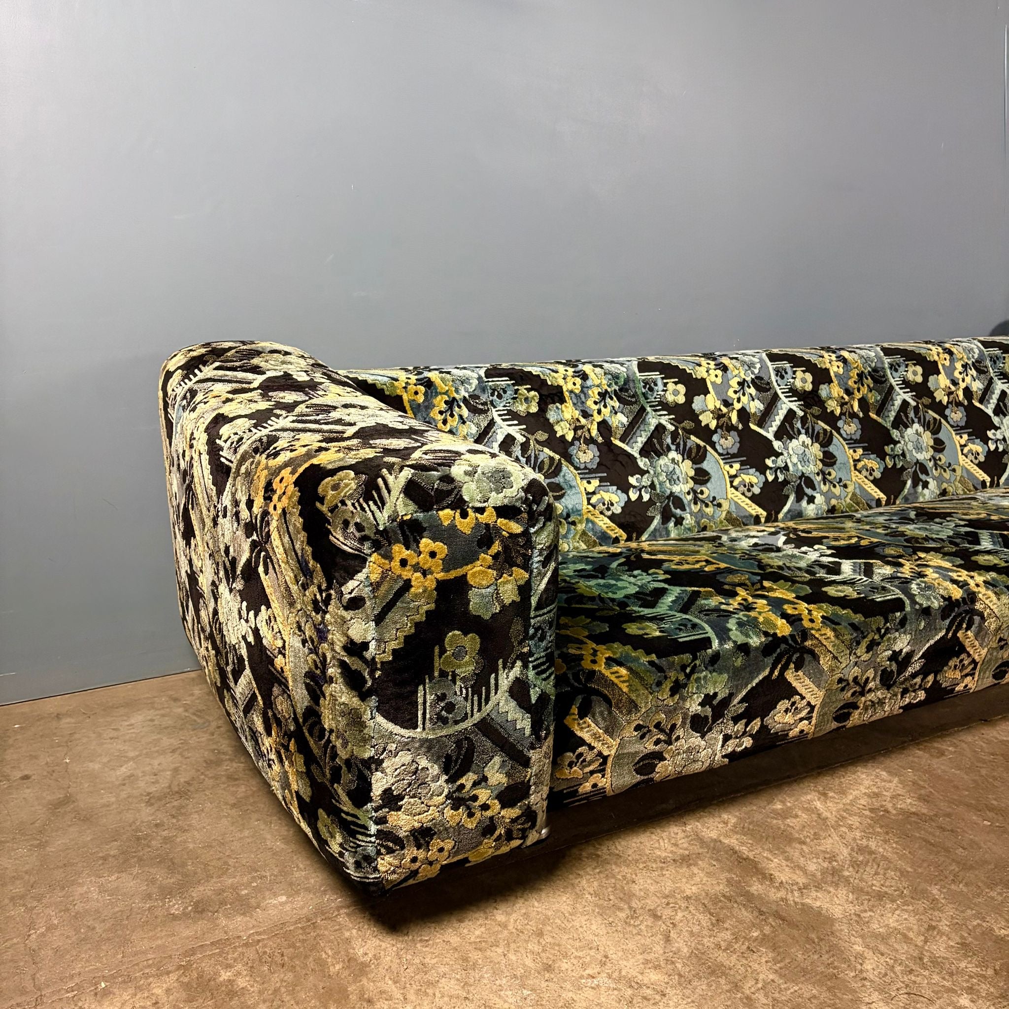 Mid Century Geometric Patterned Fabric Three Seater Sofa & Footstool Vintage Retro MCM